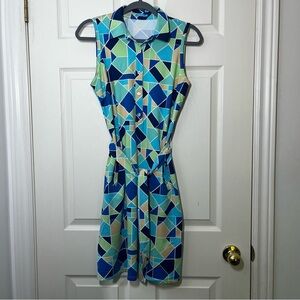 J MCLAUGHLIN Geometric Blue and Green Sleeveless Collar Belted Dress Size Small